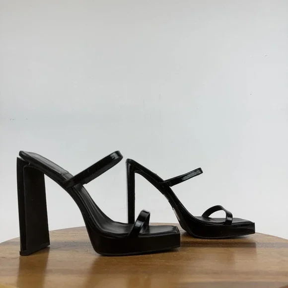 Womens Jeffrey Campbell Hustler Black Patent Leather Heel Slide Sandals Size 9 - Picture 1 of 9